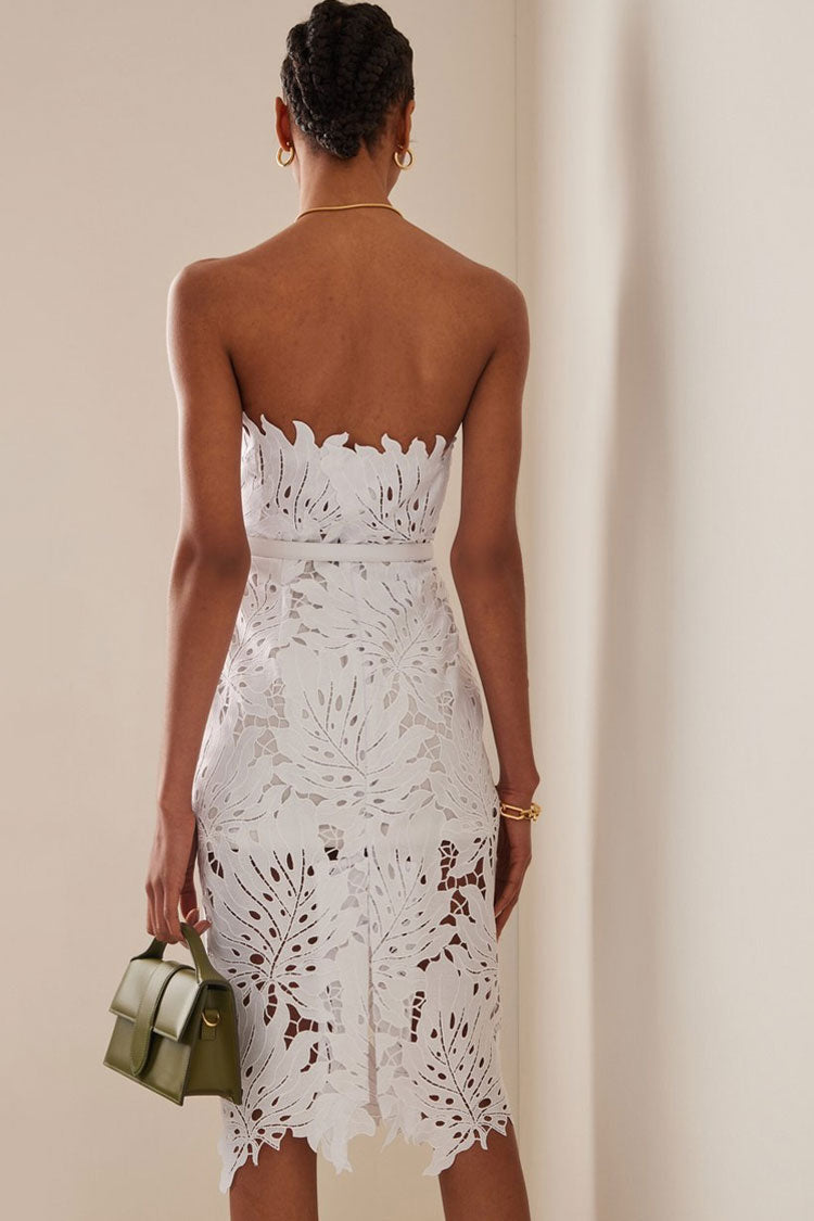 Laser Cut Tropical Leaf Broderie Anglaise Strapless Belted Bodycon Midi Dress