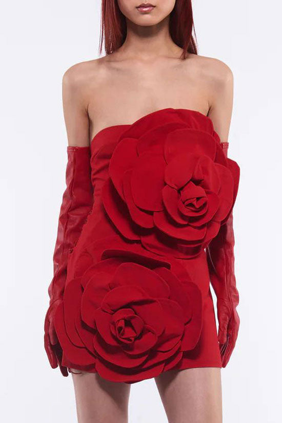 Oversized 3D Rosette Applique Strapless Bodycon Mini Dress