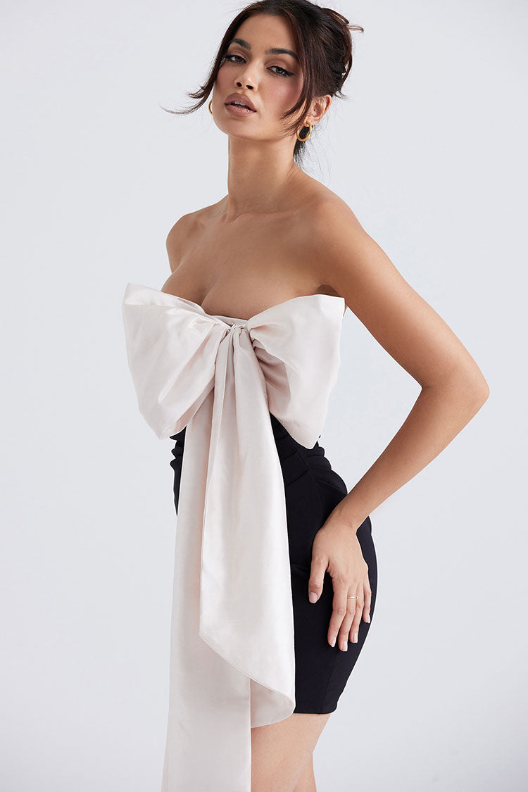Oversized Bow Strapless Contrast Satin Ruched Bodycon Mini Dress