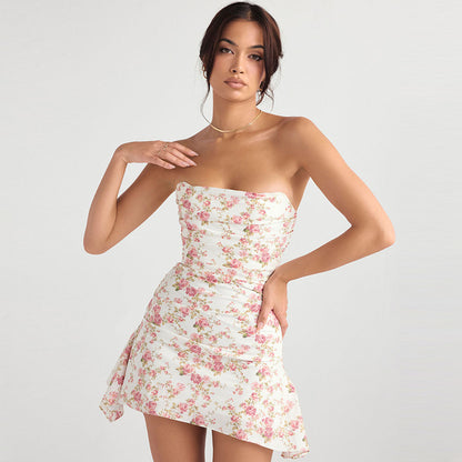 Floral Print Asymmetrical Ruched Strapless Corset Mini Dress