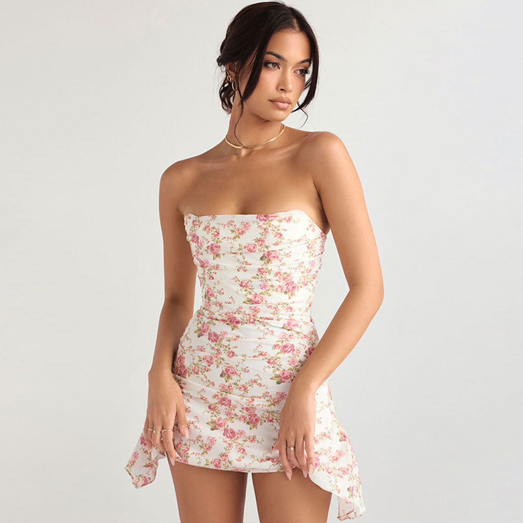 Floral Print Asymmetrical Ruched Strapless Corset Mini Dress