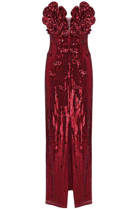 Strapless Sweetheart Rosette Applique Sequin Slit Maxi Gown
