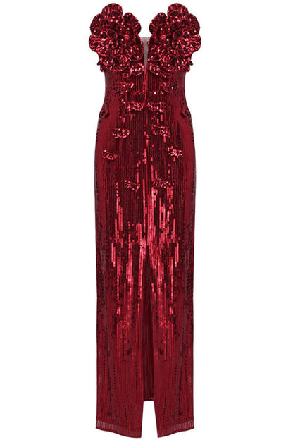 Strapless Sweetheart Rosette Applique Sequin Slit Maxi Gown