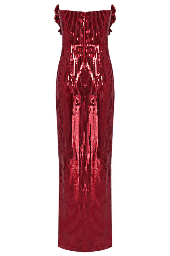 Strapless Sweetheart Rosette Applique Sequin Slit Maxi Gown