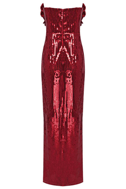 Strapless Sweetheart Rosette Applique Sequin Slit Maxi Gown