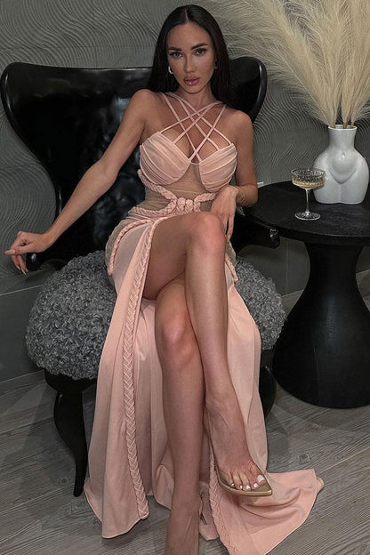 Crisscross Strap Mesh Cut Out Braided Trim High Split Formal Maxi Gown