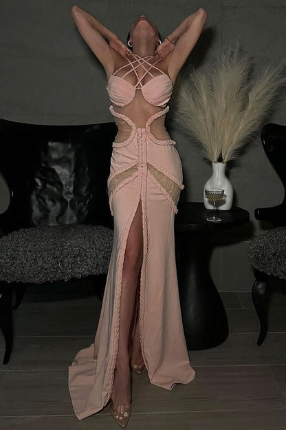 Crisscross Strap Mesh Cut Out Braided Trim High Split Formal Maxi Gown