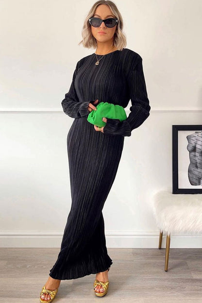 High Neck Long Sleeve Shirred Pleated Column Maxi Dress