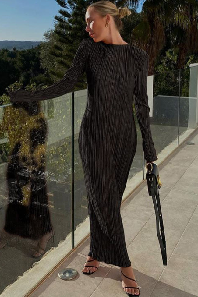 High Neck Long Sleeve Shirred Pleated Column Maxi Dress