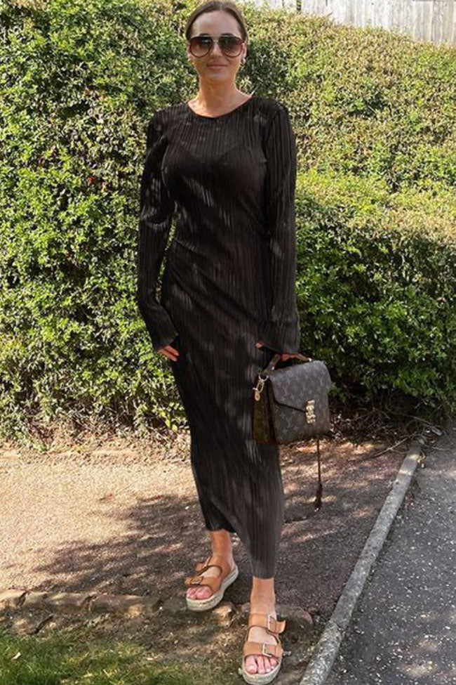 High Neck Long Sleeve Shirred Pleated Column Maxi Dress