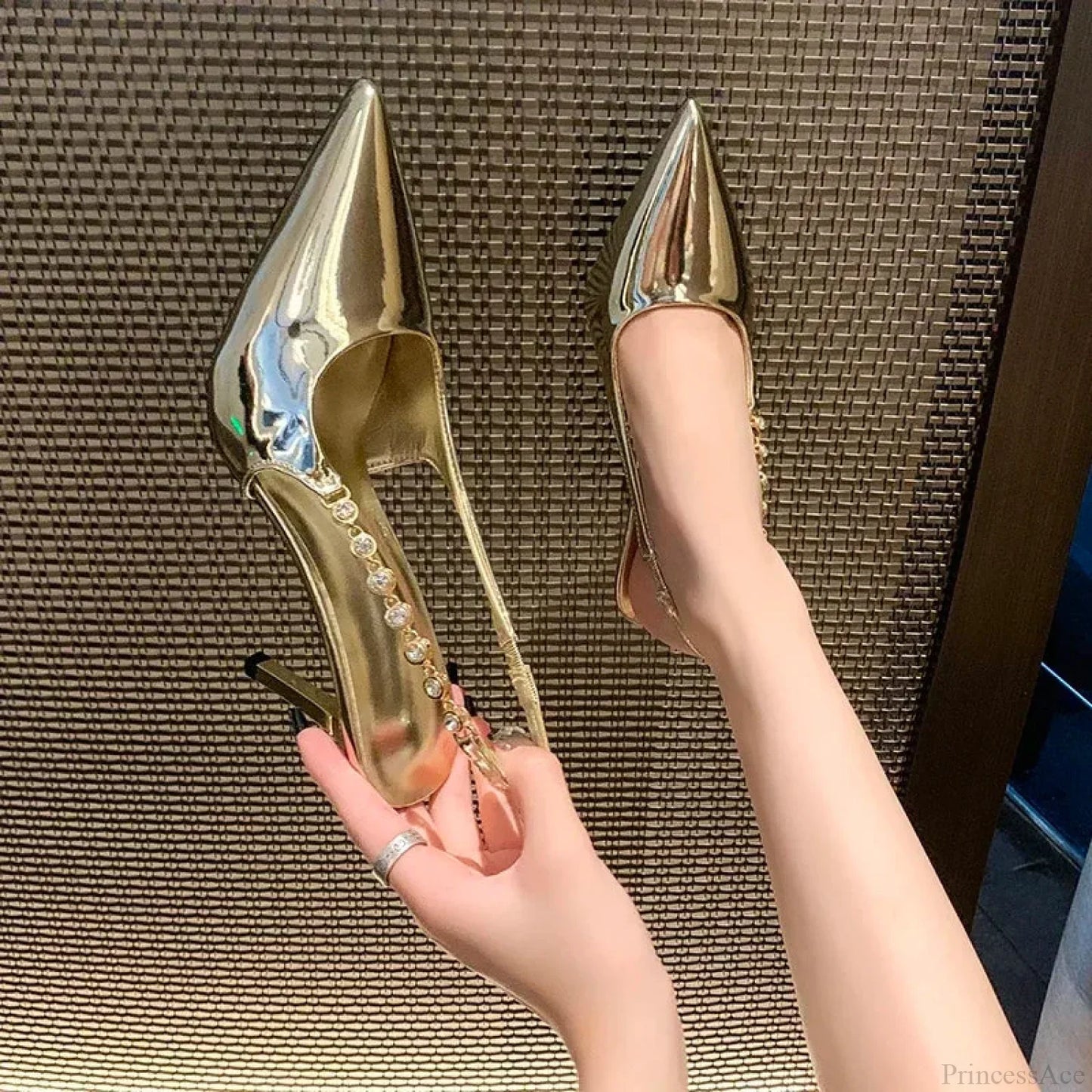 Gleaming Metallic Crystal Gothic Slingback Stiletto Tall Heel