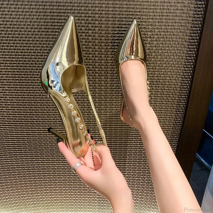 Gleaming Metallic Crystal Gothic Slingback Stiletto Tall Heel