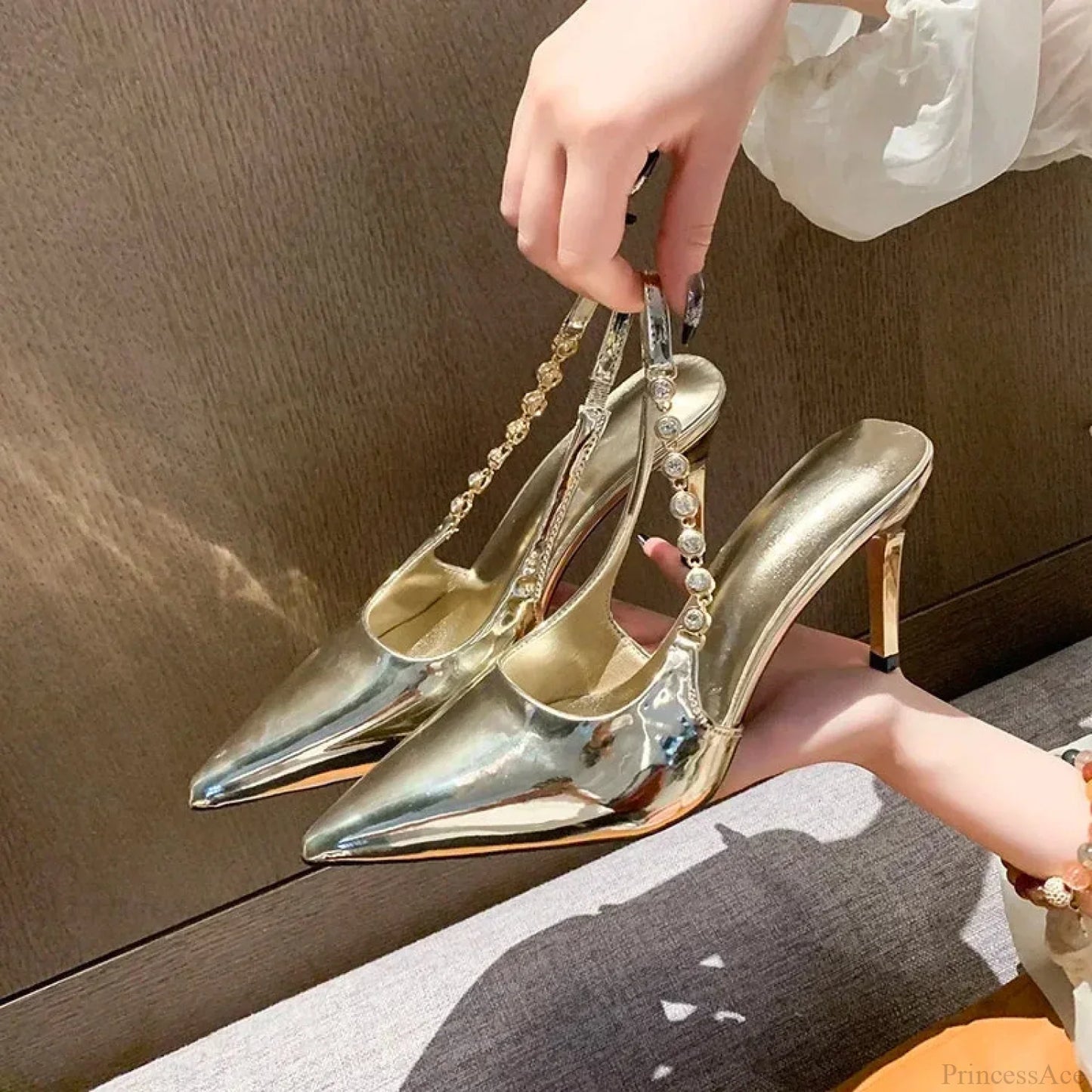 Gleaming Metallic Crystal Gothic Slingback Stiletto Tall Heel