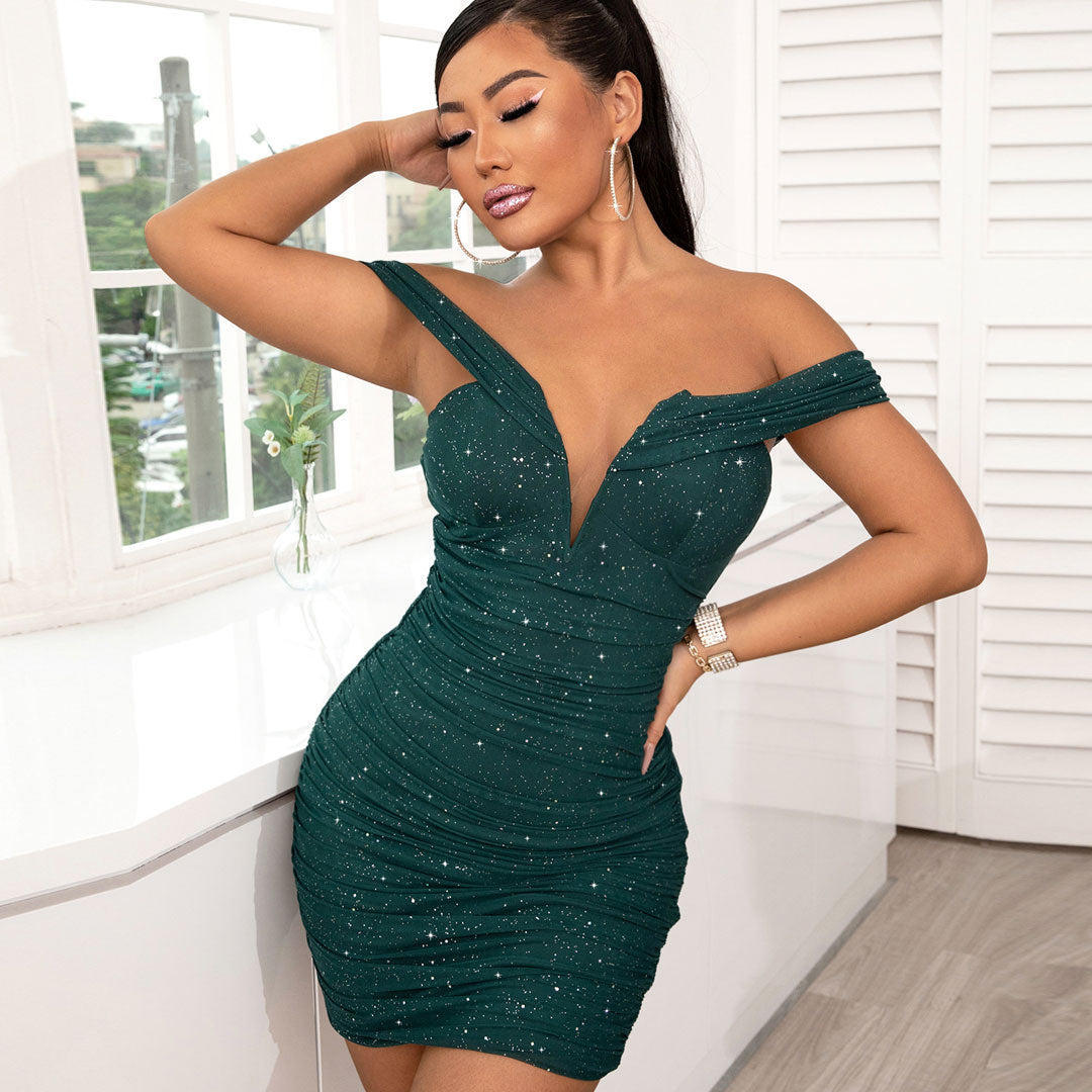 Off Shoulder Deep V Glitter Ruched Wire Bust Mini Dress