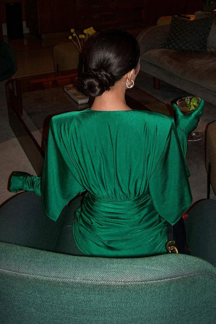 Plunge V-Neck Opera Glove Sleeve Ruched Cape Shoulder Bodycon Mini Dress