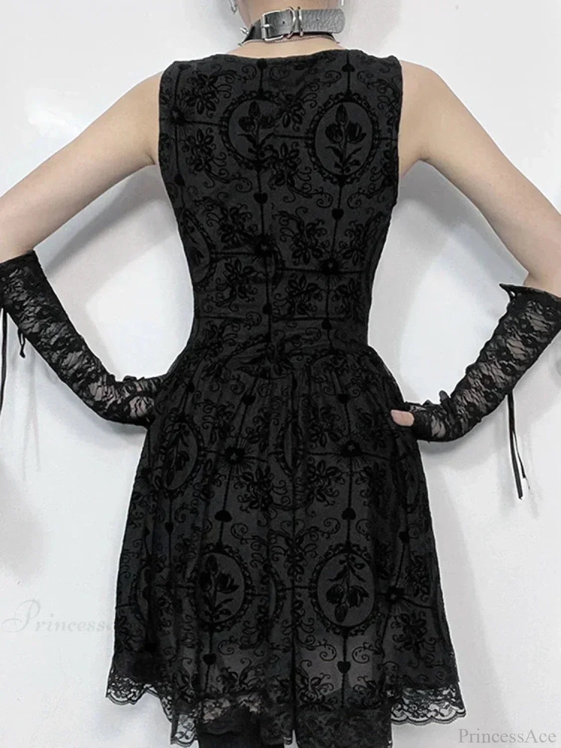 Gothic Damask Flocked Velvet Square Neck Scalloped Lace Hem Mini Dress