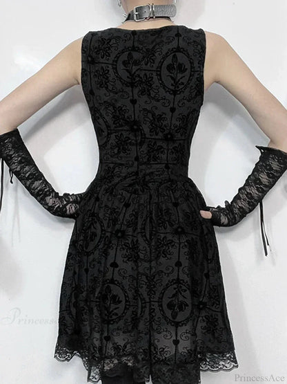 Gothic Damask Flocked Velvet Square Neck Scalloped Lace Hem Mini Dress