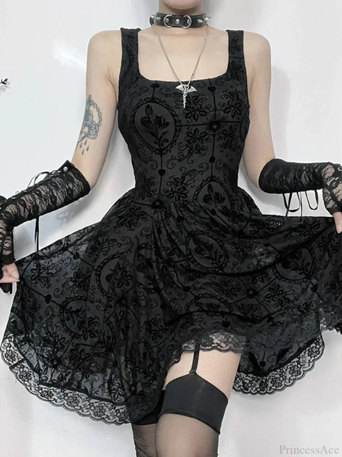 Gothic Damask Flocked Velvet Square Neck Scalloped Lace Hem Mini Dress