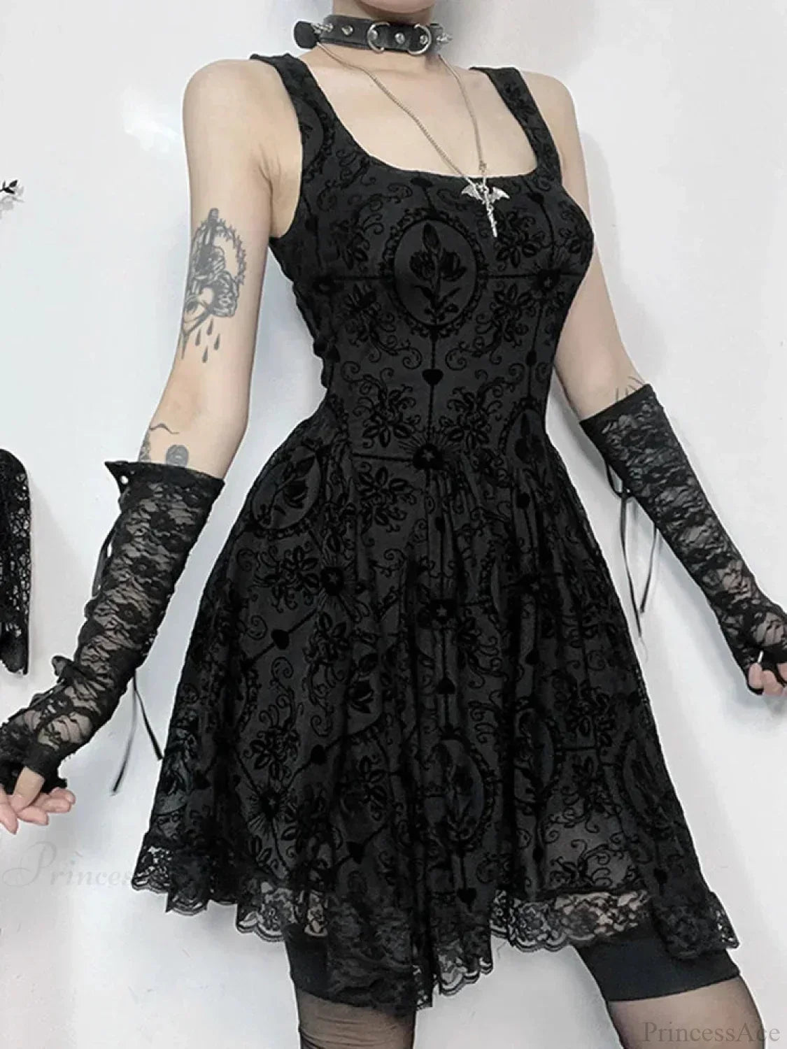 Gothic Damask Flocked Velvet Square Neck Scalloped Lace Hem Mini Dress