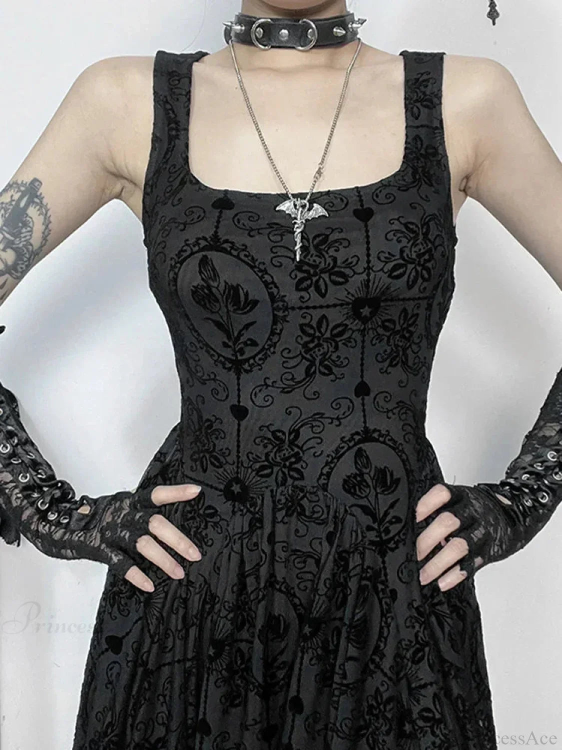 Gothic Damask Flocked Velvet Square Neck Scalloped Lace Hem Mini Dress