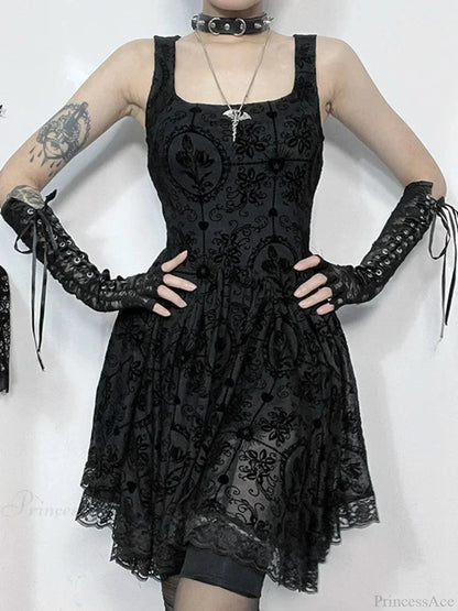 Gothic Damask Flocked Velvet Square Neck Scalloped Lace Hem Mini Dress