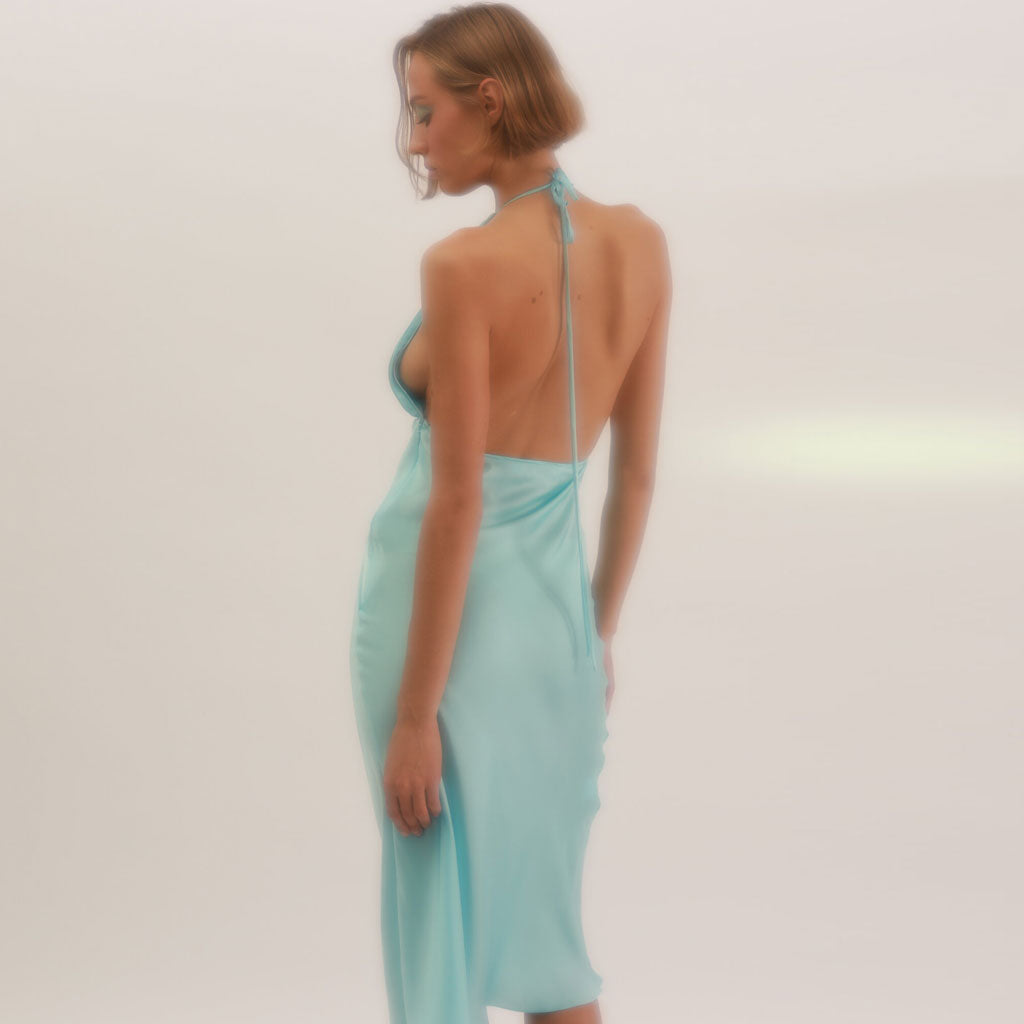 Satin Halter Deep V Backless Draped Midi Dress