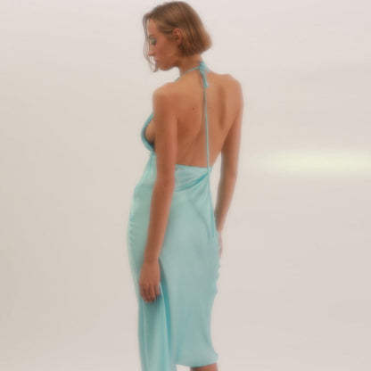 Satin Halter Deep V Backless Draped Midi Dress