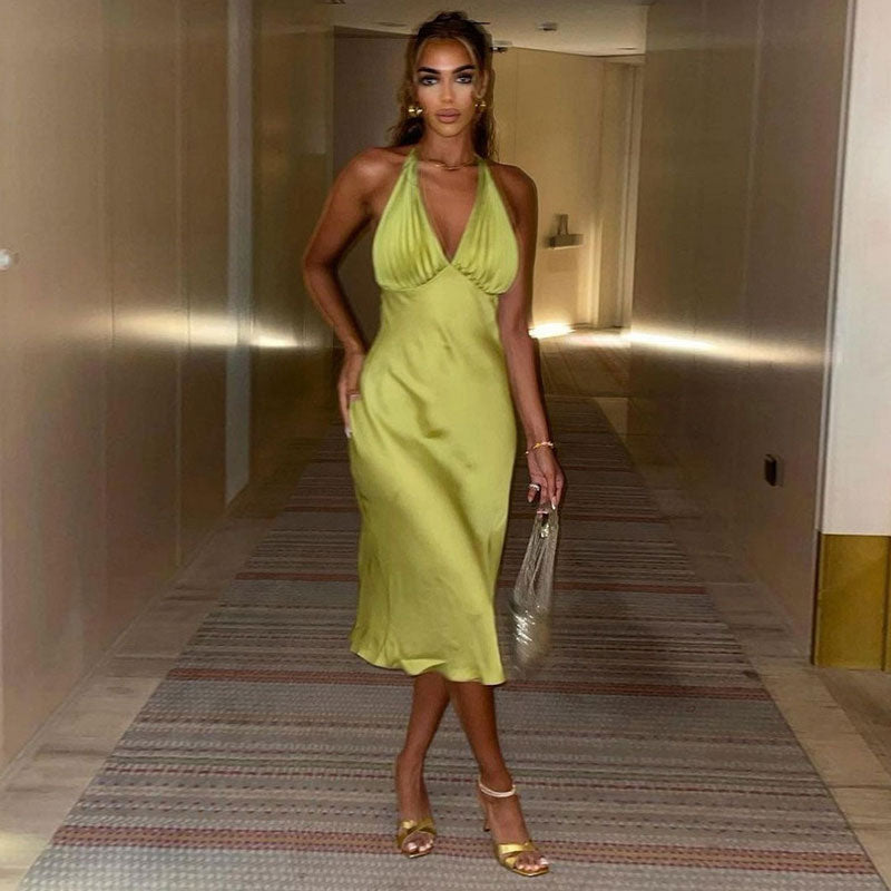 Glossy Halter V Neck Pleated Backless Satin Midi Dress