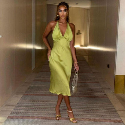 Glossy Halter V Neck Pleated Backless Satin Midi Dress