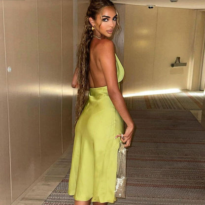 Glossy Halter V Neck Pleated Backless Satin Midi Dress