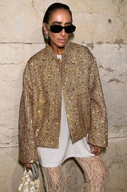 Gold 3D Sequin Embroidered Wool Blend Pocket Coat