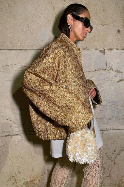 Gold 3D Sequin Embroidered Wool Blend Pocket Coat