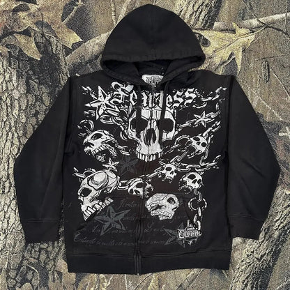 Gothic Dim Skull Print Pullover Hoodie