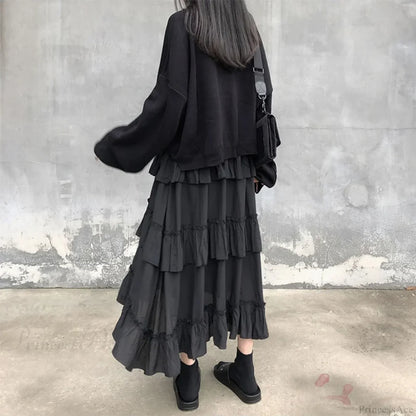 Gothic High Low Ruched Ruffle Skirt