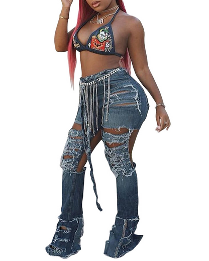 Panelled Ripped Slim-Fit Flared Trousers