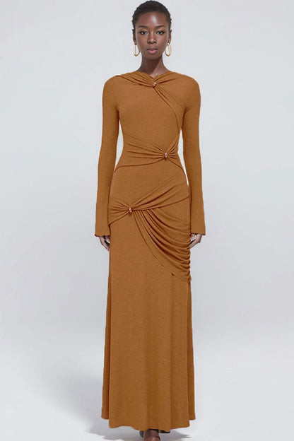 High Neck Long Sleeve Ruched Knot Draped Jersey Maxi Dress