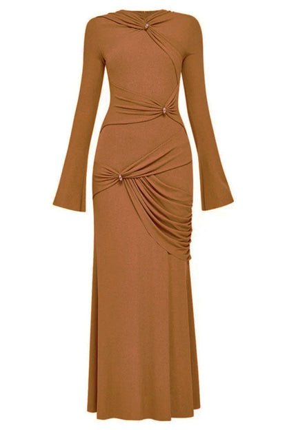 High Neck Long Sleeve Ruched Knot Draped Jersey Maxi Dress