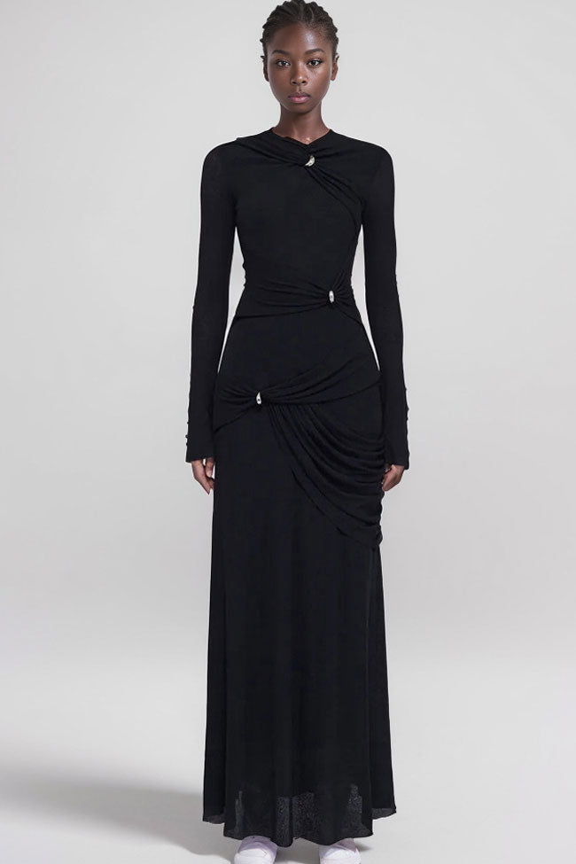 Hardware Clasp Draped Ruched Long Sleeve Jersey Maxi Dress
