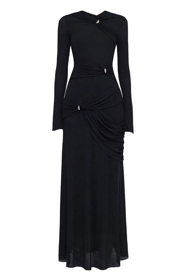 Hardware Clasp Draped Ruched Long Sleeve Jersey Maxi Dress