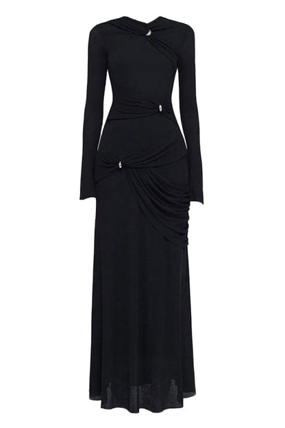 Hardware Clasp Draped Ruched Long Sleeve Jersey Maxi Dress