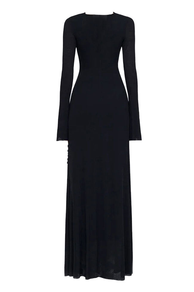 Hardware Clasp Draped Ruched Long Sleeve Jersey Maxi Dress