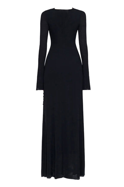 Hardware Clasp Draped Ruched Long Sleeve Jersey Maxi Dress