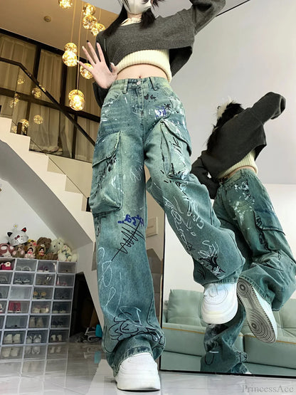 Graffiti Printed Gothic Cargo Pant