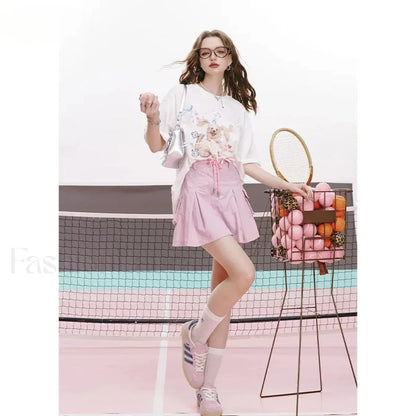 Green Pleated Sporty A-Line Skirt