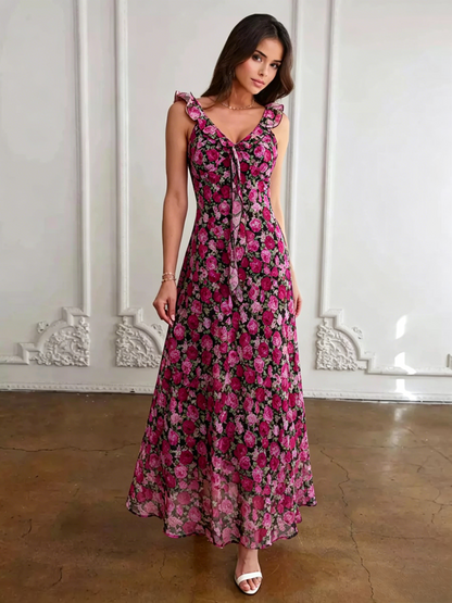 Daily Dresses For Women Red Shaping Flowers Sleeveless V-Neck Raised Waist Printed Dress