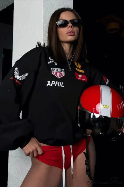 Half Zip Biker Print Stand Collar Loose Sweatshirt