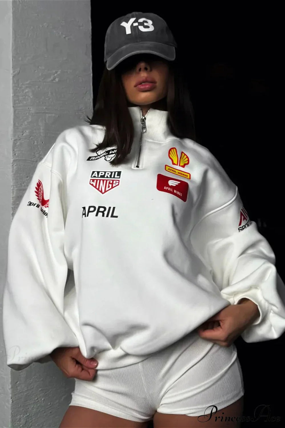 Half Zip Biker Print Stand Collar Loose Sweatshirt