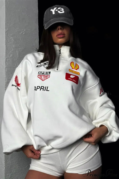 Half Zip Biker Print Stand Collar Loose Sweatshirt