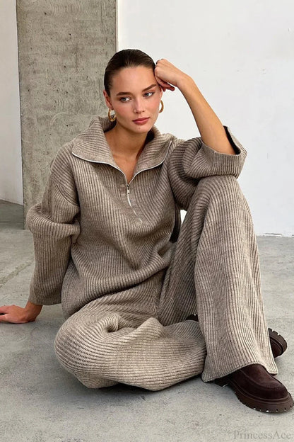 Half-Zip Knit Collared Long Sleeve Wide Leg Two Piece Set