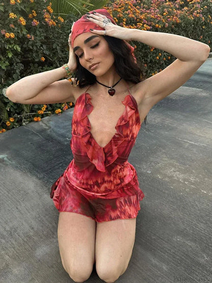 Halter Plunging V Neck Ruffle Hem Abstract Print Mini Dress